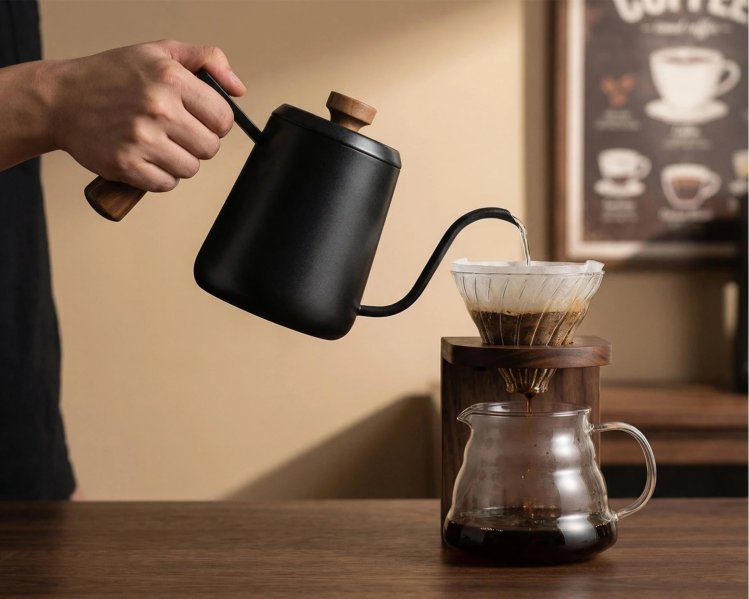 350/600ml Stainless Steel Drip Coffee Pot  Nonstick Gooseneck Drip Coffee Pot Wooden Handle Coffee Pot with Thermometer