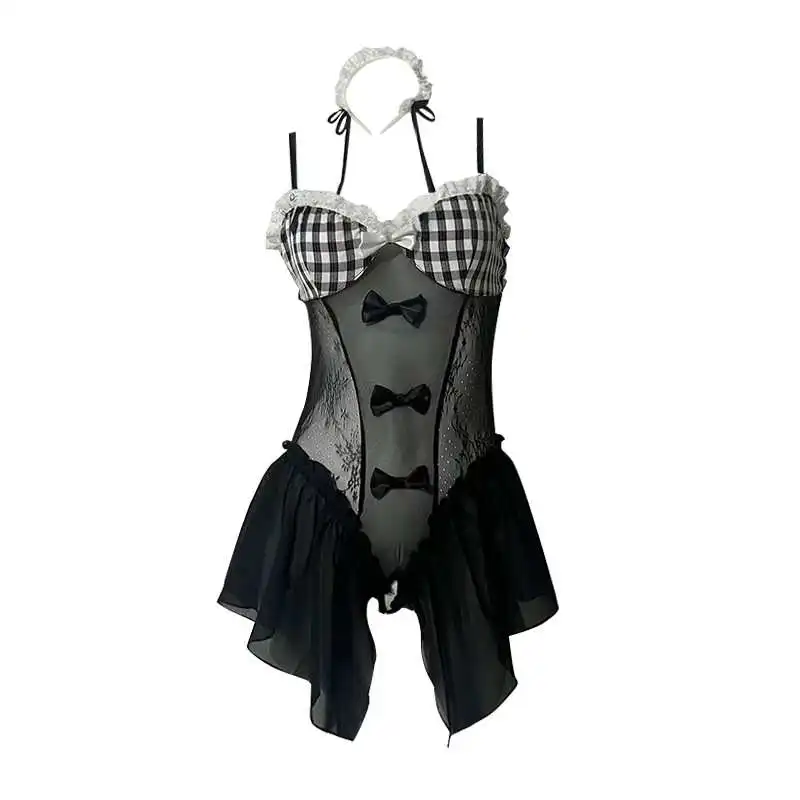 Venta al por mayor de vestido de lencería de sirvienta de juego de rol transparente de encaje Sexy para mujer dulce Cosplay Lolita Coatumes Fiesta Temática Babydoll