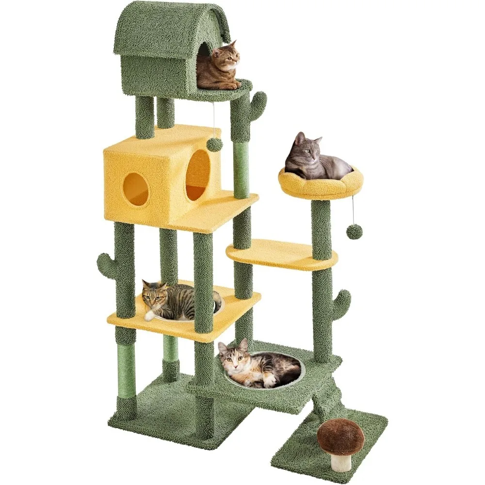 68.5in Tall Cactus Cat Tree, Multi-Level Tower with 2 Large Condos, Scratching Posts, 2 Acrylic Clear Bowls, Mushroom Perch