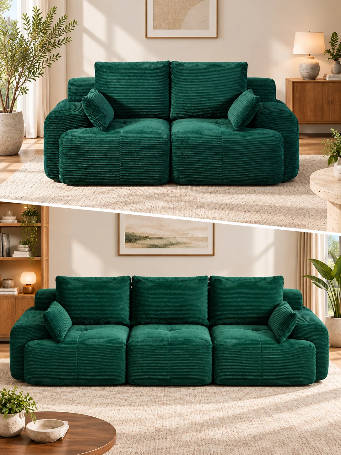Cord Sofa Grün Modular, 2-Sitzer 3-Sitzer mit optionalem Hocker, Schlafsofa Couch mit Memory Foam, montagefreies Loungesofa für Wohnzimmer & Schlafzimmer