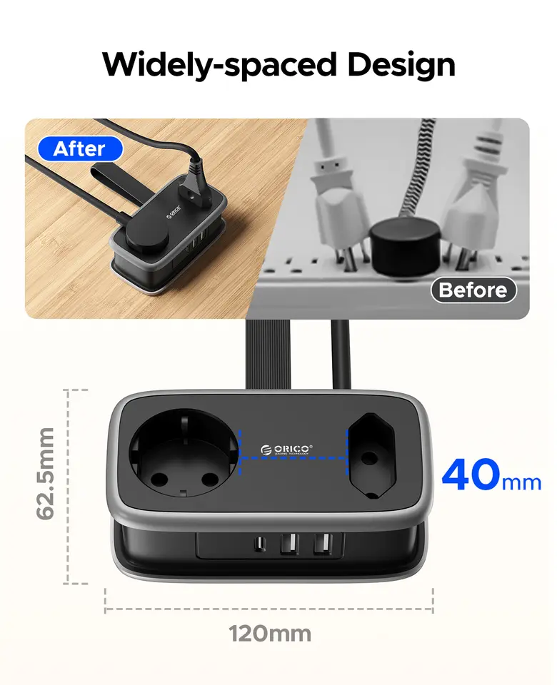 ORICO EU Plug Power Strip with 2AC 3USB Port with 1.1M Extension Cable 5-In-1Travel Smart Socket for Home/Travel Save Space - 4