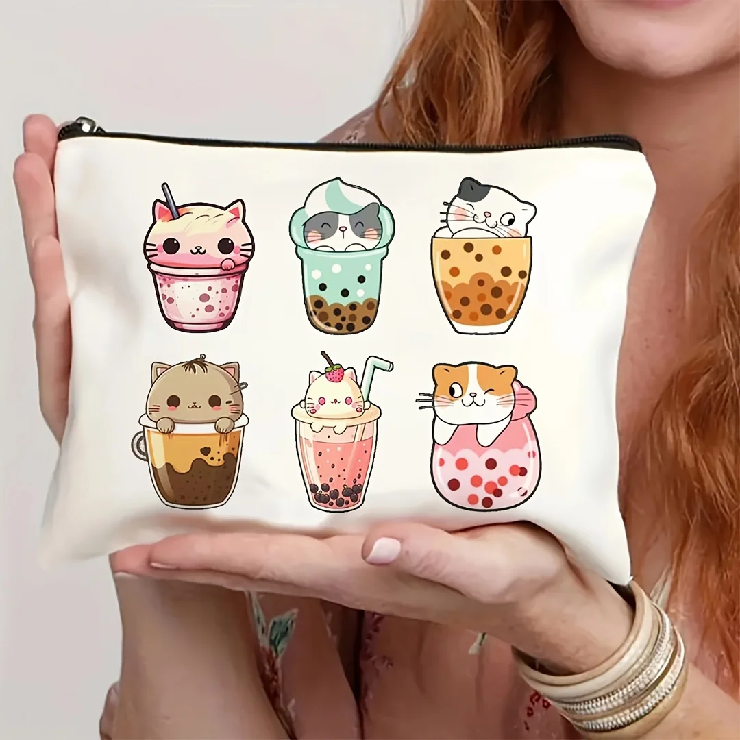 1Pc Charming Cat Milk Tea Retro Design Multifunctional Travel Makeup Bag, Snack Storage Bag, Stationery Storage Bag, Fashionable Toiletry Bag, Canvas Double-Sided Printed Zipper Pouch