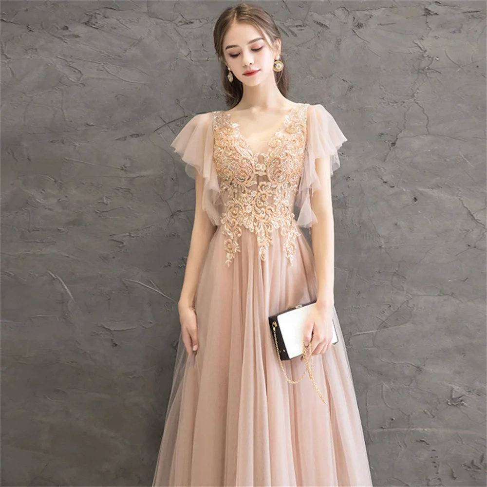 Tulle Lace Applique Beaded Prom Dress Ruffle Cap Sleeve Girls Homecoming Season Dresses Birthday Party Dresses Bridesmaid Dress