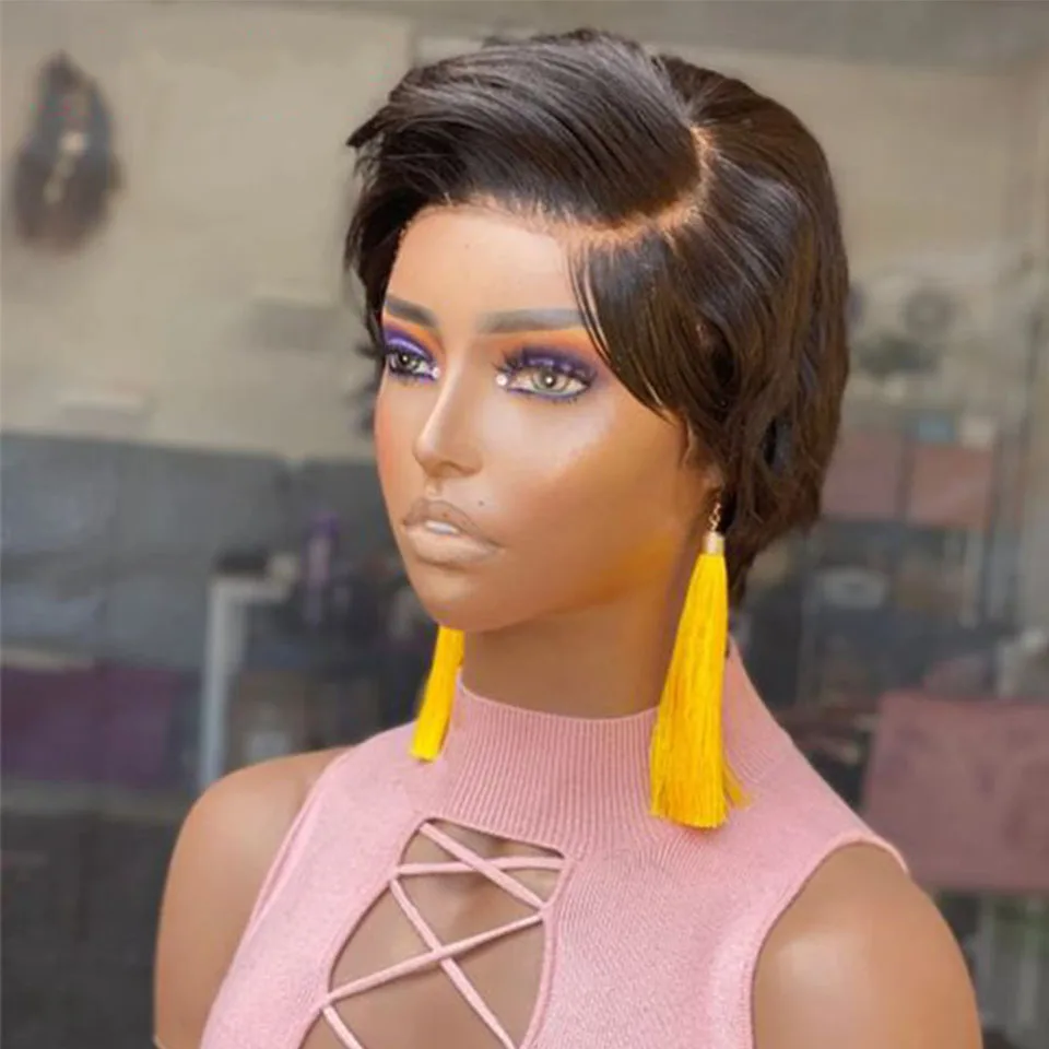 

Pixie Short Cut Straight Human Hair Bob Lace Wigs 13X4 Swiss Lace Frontal Wigs Pre Plucked Brazilian Straight Lace Front Wigs