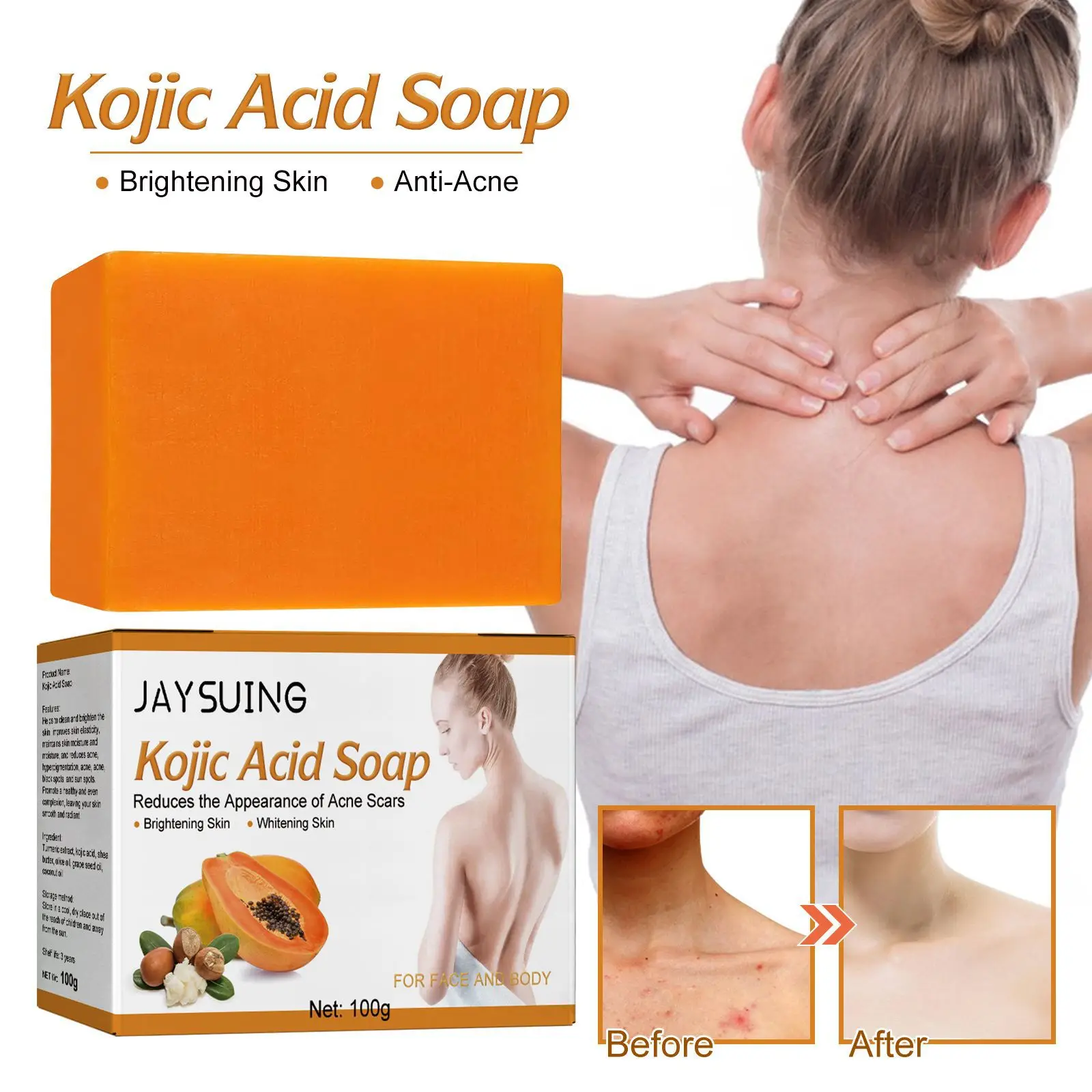 Jaysuing 100g Kojic Acid Skin Lightening Soap Bleaching Exfoliating Dilute Acne Pimple Dark Spot Remover Brightening Body Soap