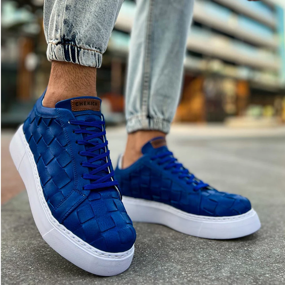 FOH Store Sneakers for Men BLUE Artificial Leather 2023 Spring Autumn Casual Lace Up Fashion Shoes High Base Sport Comfortable Light Vulcanized Daily Original Canvas Odorless Orthopedic Suits Office Wedding 209