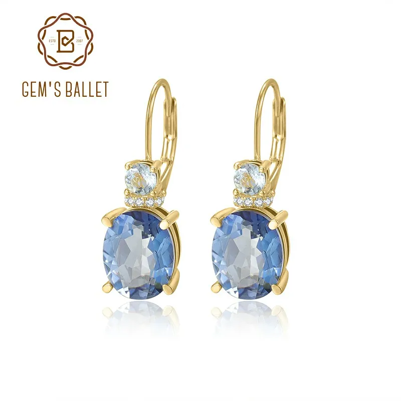 GEM'S BALLET Oval 8*10mm 2.75Ct Iolite Blue Mystic Quartz Handmade Leverback Earrings in 925 Sterling Silver Gift For Women