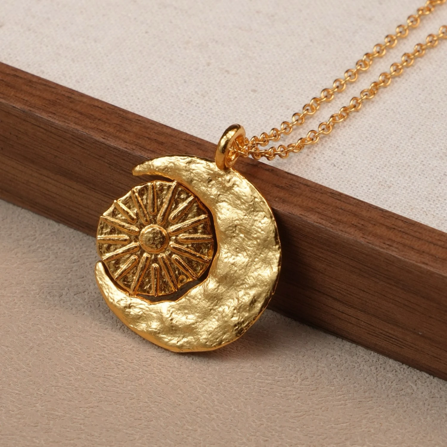 YAJUNIEL 24K Real Gold Plated Sun and Moon Celestial Pendant Necklace for Women Hypoallergenic Statement Elegant Jewelry Gift