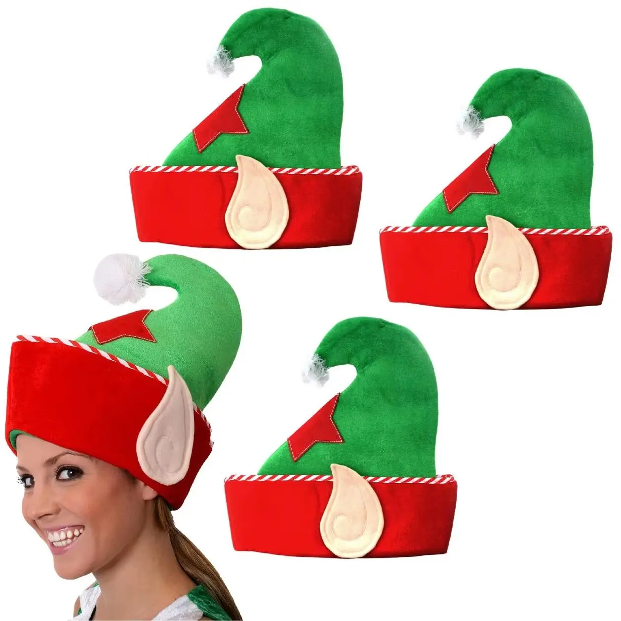 Pack of 3 Christmas Elf Hat with Elf Ears For Adults - Novelty Xmas Hats - Plush Green and Red Elf Hat with Elf Ears Popping out