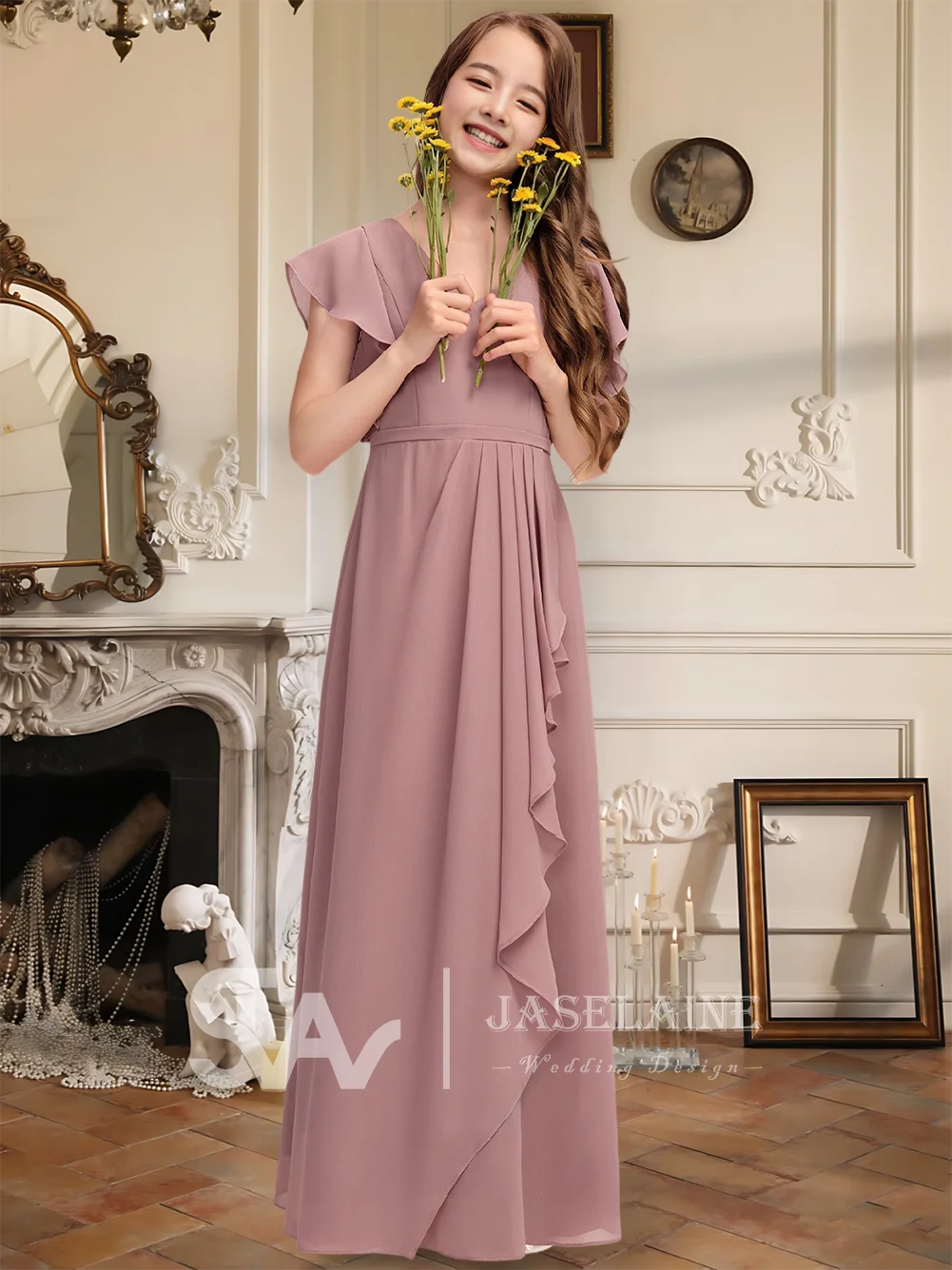 A-Line V-Neck Floor-Length Chiffon Junior Bridesmaid Dress With Cascading Ruffles Flower Girl Dress Girls Party Wedding Formal