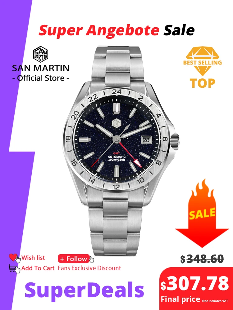 

San Martin 39mm Aventurine Gemstone Dial Luxury Men's Watch NH34 GMT Automatic Mechanical Sapphire Waterproof Luminous SN0129