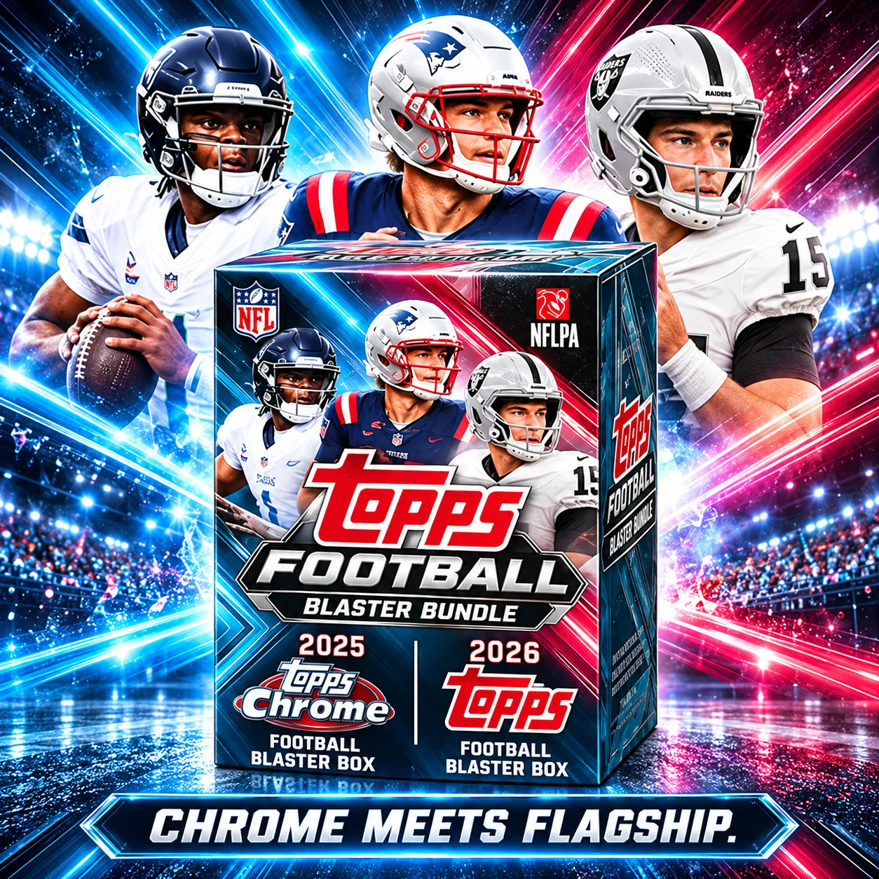 2025 Topps Chrome And 2026 Topps Flagship Football Blaster Box Set, 13 Packs, NFL Trading Cards, Look for Rookies, Refractor, Raywave And Exclusive Parallels