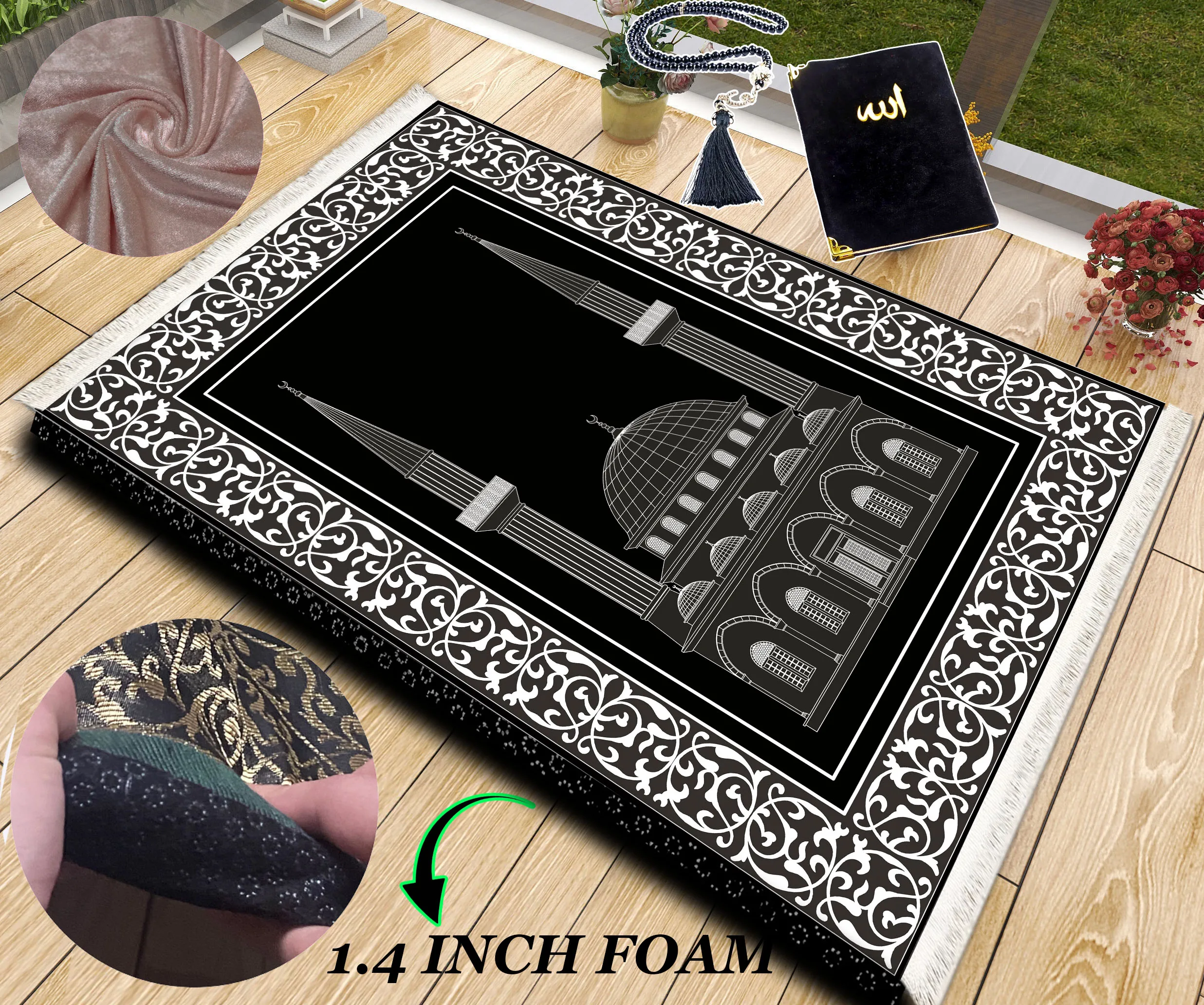 Extra Thick Foam Padded Turkish Black White Prayer Rug, Luxury Yaseen, Soft Praying Mat Carpet & Pearl Tasbeeh, İslamic Gift Set