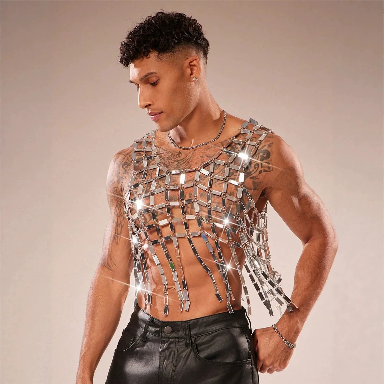 2026 New European And American Men's Acrylic Mirror Metal Vest With Fringe And Silver Sequins Patchwork Outerwear Top
