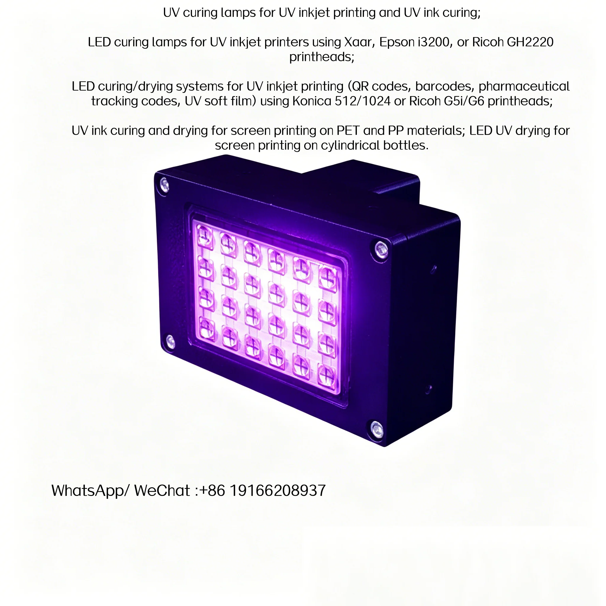 

Customization supported LED UV light 365-405nm for Inkjet Printers Xaar Epson Ricoh Konica Printheads PET PP Screen Printing