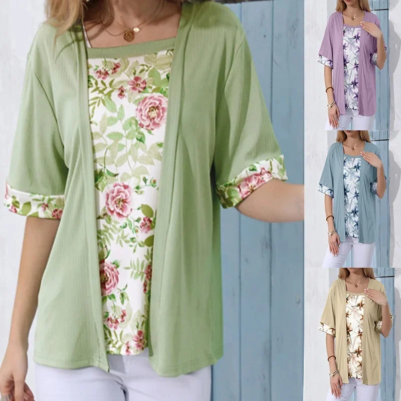 5XL Plus Size Women T Shirt Short Sleeve Retro Floral Print Fake Two Pieces Shirts Patchwork Summer Casual Square Collar Tee Top — zdjęcie 2