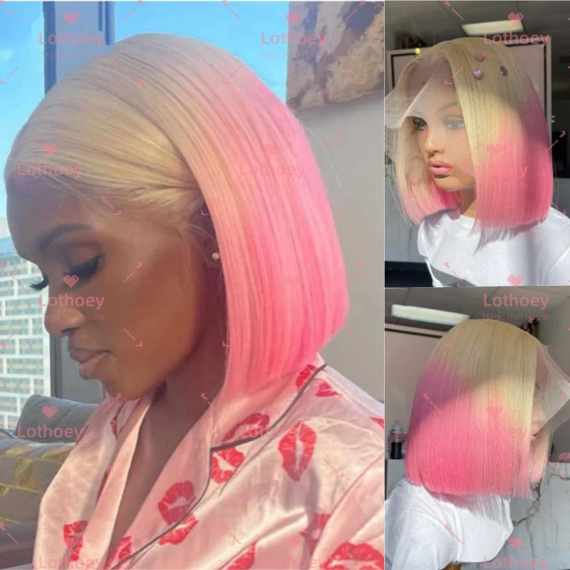 Ombre Pink Short Bob Wig Human Hair Straight Blue Lace Frontal Wig With Natural Hairline Pre Plucked Short Human Hair Wigs