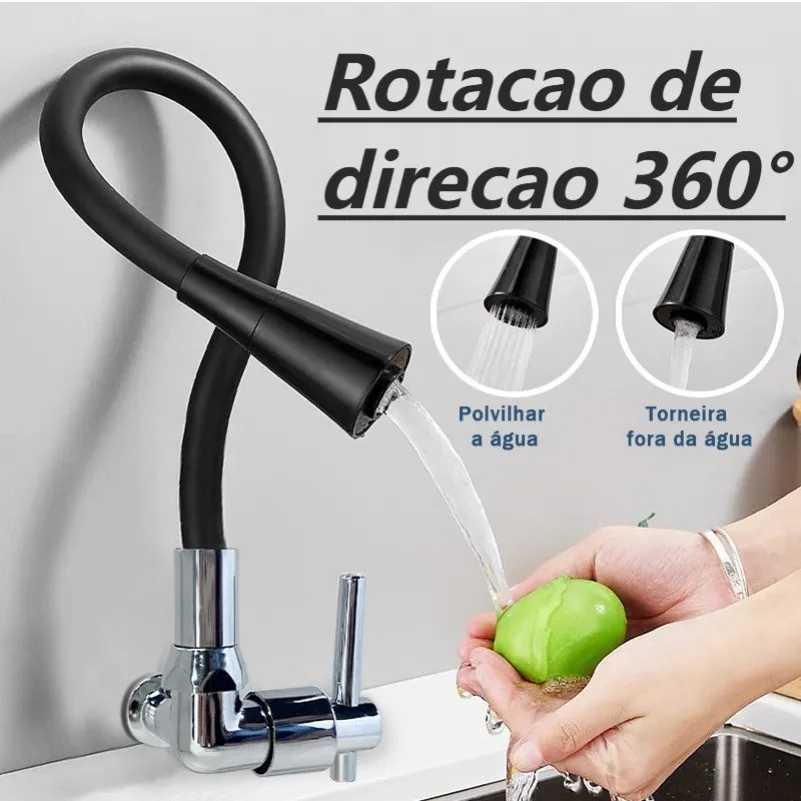 Torneira Cozinha de Parede Preta Mangueira Borracha Duplo Jato Cone 1/4 de Volta