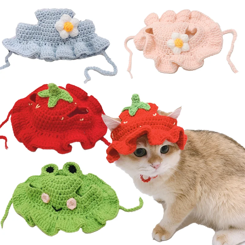 Knitted Cat Hat Autumn Winter Elastic Pet Hat Cute Frog Shape Pet Cap Puppies Kittens Parties Photoshoots Decor Cat Accessories