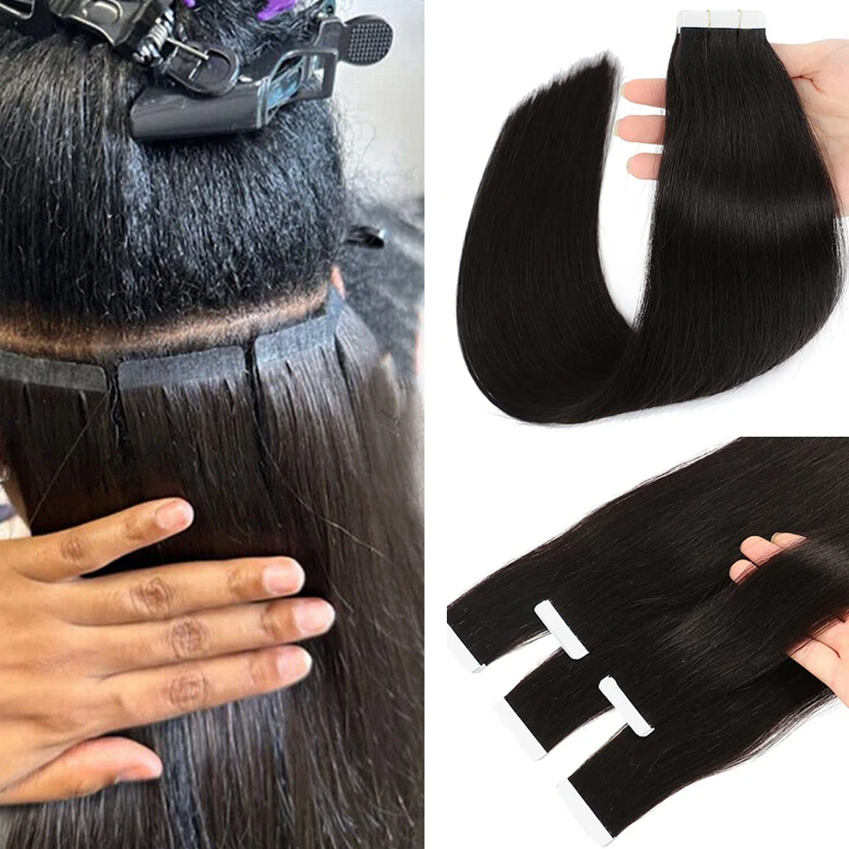 Tape in Hair Extensions Straight Human Hair 100% Real Human Hair Seamless Skin Weft Natural Black Color Tape ins Hair Extensions