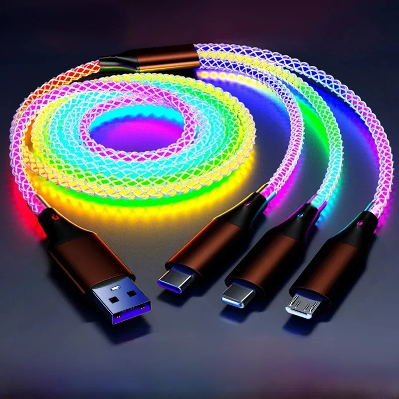 Kabel 3 W 1 66W 6A RGB świecący typ C do iPhone'a 14 13 Pro Max przewód USB do ładowarki Samsung Xiaomi — zdjęcie 2