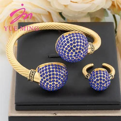 YM Gold Plated Cuff Bangles with Ring For Women Charm Bracelet Colored Zircon Jewelry Set Dubai Wedding Banquet Anniversary Gift