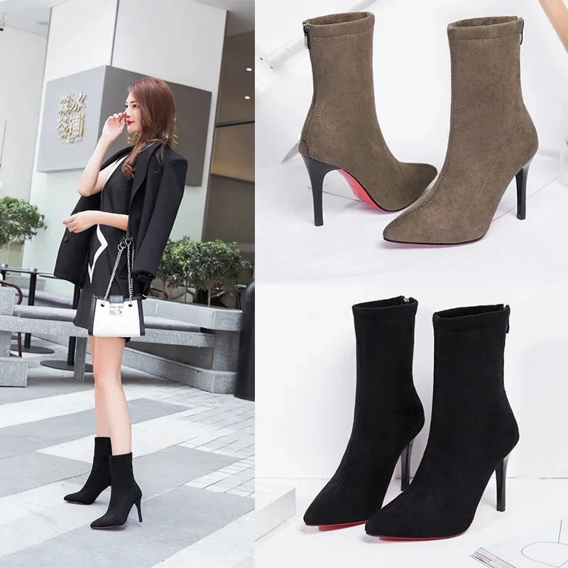 Bottes courtes en velours Ă talons hauts pour femmes, bout pointu, couleur unie, talon fin, chaussettes polyvalentes en daim, extensibles, nouvelle collection automne hiver 2023