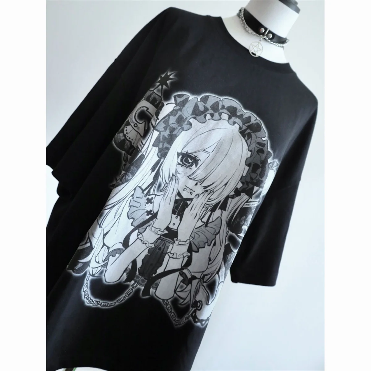 Japanische Cartoon-Print Y2K T-Shirts für Damen, Harajuku Sommer Casual Fairy Grafik T-Shirt, Vintage Oberteile, Schwarzes Oversized Ästhetisches T-Shirt – Detail 4