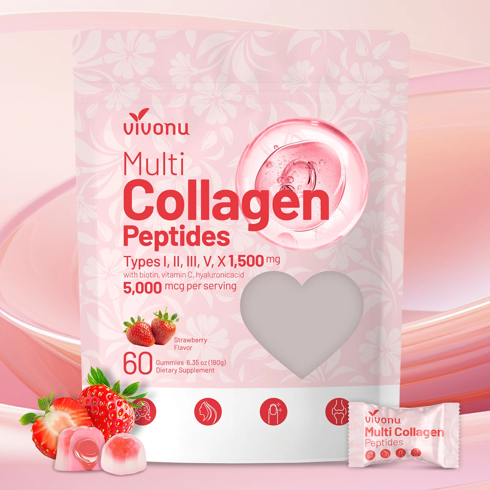 Vivonu Damen und Herren, Polycollagen-Peptid-Gummis, zuckerfrei, hydrolysiertes Polycollagen-Protein I, Ii, Iii, V, X, Biotin, metallisiert B12, Vitamin C, A E D3, B6 für Haut, Haare, Nägel, Knochen