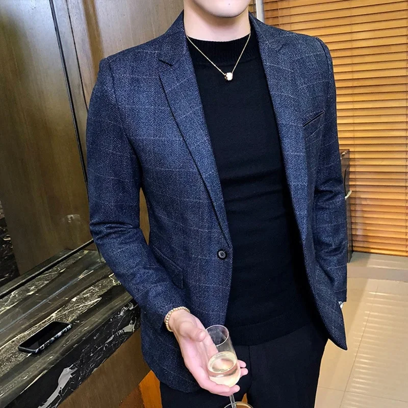 Brytyjski styl Vintage Plaid Blazer Men Casual Slim Fit Suit Jacket Single Button Business Social Blazer Plus Size M-5XL Hombre — zdjęcie 2
