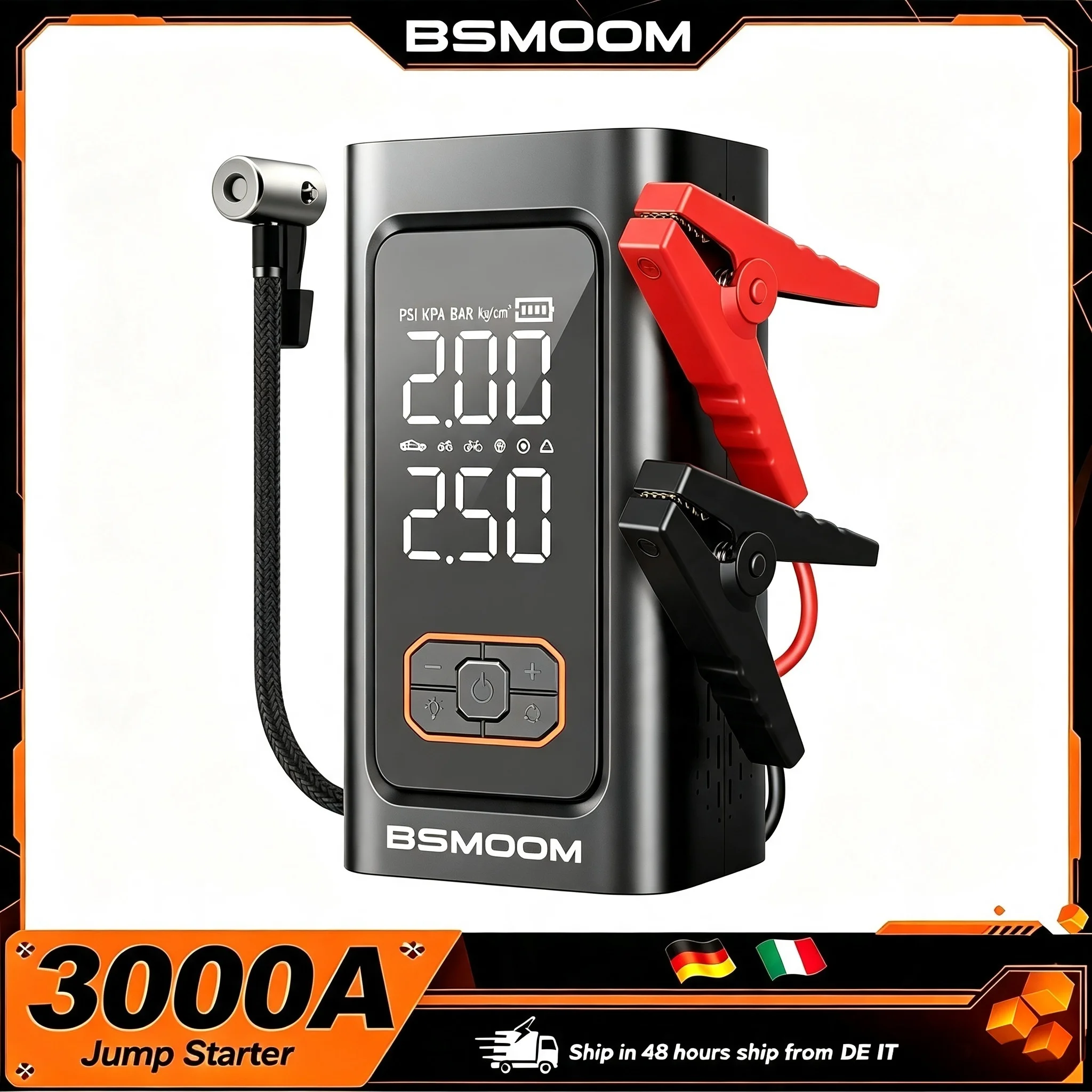 Compresseur d'air BSMOOM 150 PSI, démarreur d'urgence pour voiture 3000A (pic 21800 mAh) et booster de batterie portable puissant (pour moteurs essence 10.0L et diesel 8.0L)