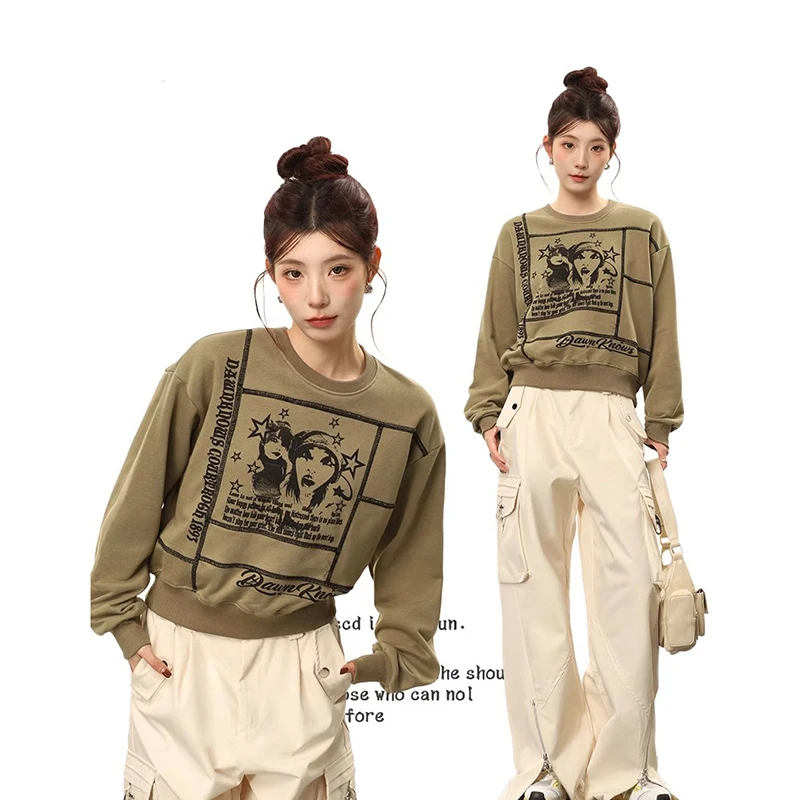 

Letter Print Long Sleeve T-shirt Women High Street Casual Tee Streetwear Loose American Style Retro Slim Short Top