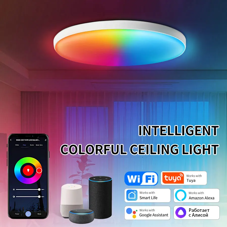 Tuya WiFi Smart Ceiling Lamp RGBCW Led Ceiling Lights Chandelier 24W 220V Bedroom Living Room Decoration with Alexa Google Home