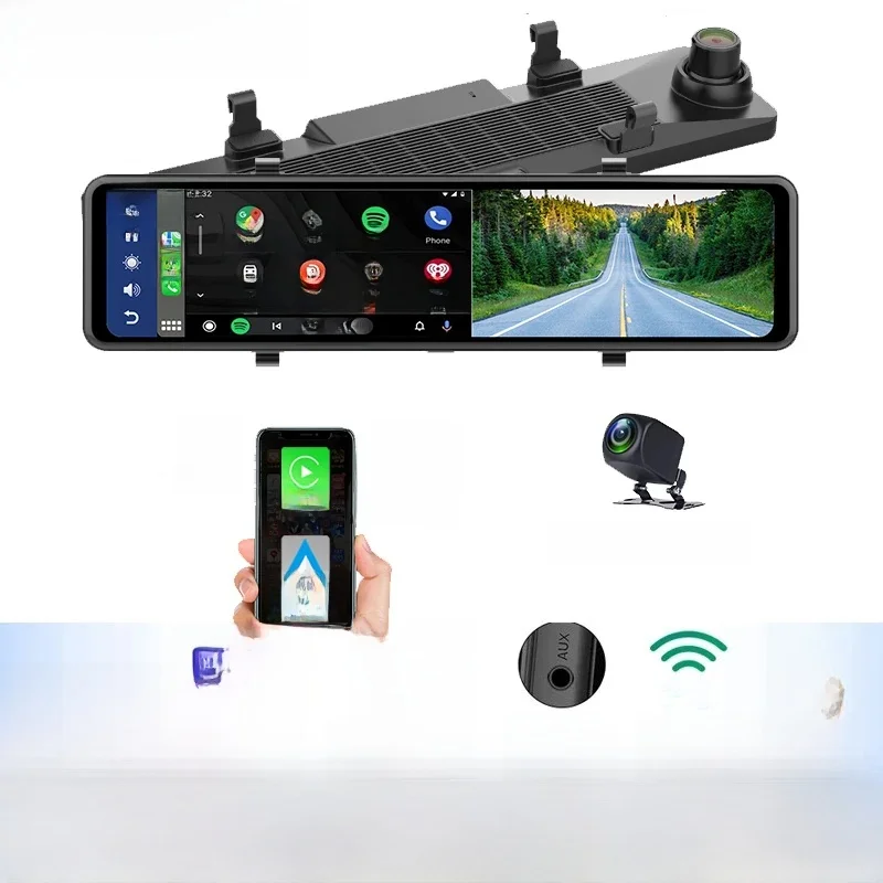 12 inch Carplay & Android Auto Car Rearview Mirror DVR Camera 2K 1080P WiFi GPS Navigation FM Dash Cam Video Recorder