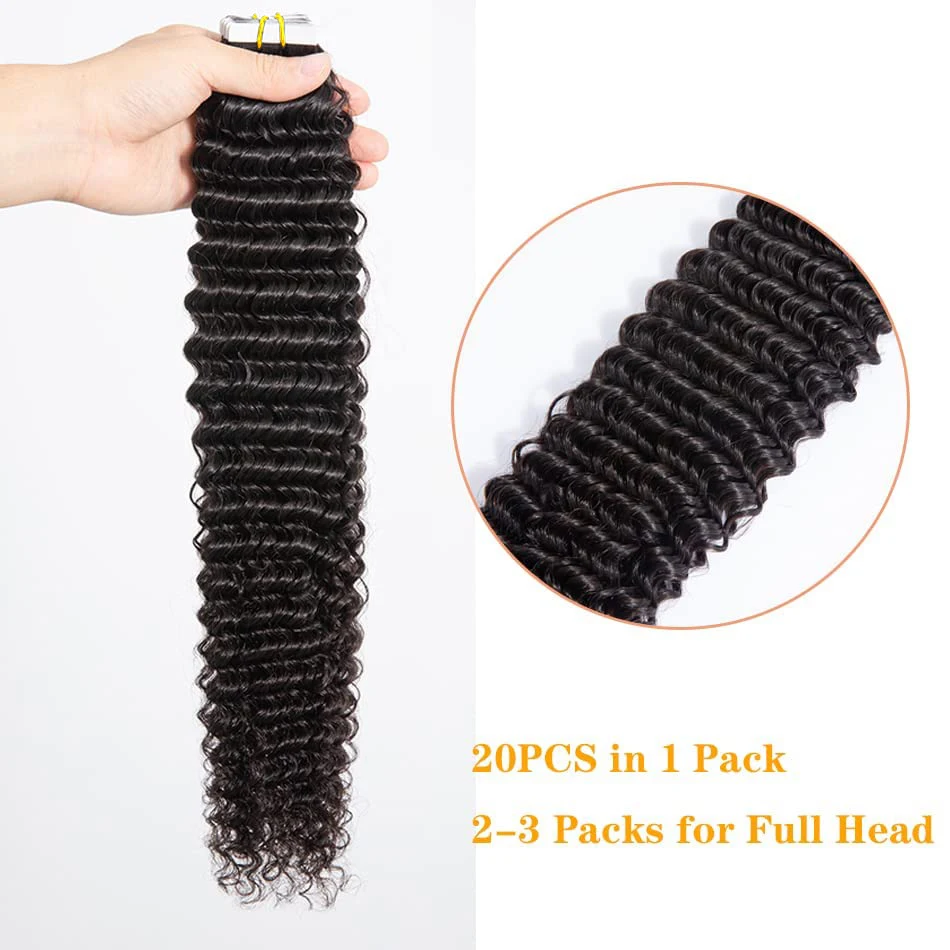 Fita em extensões do cabelo para mulheres negras, cabelo humano, onda profunda, cor natural, extensão