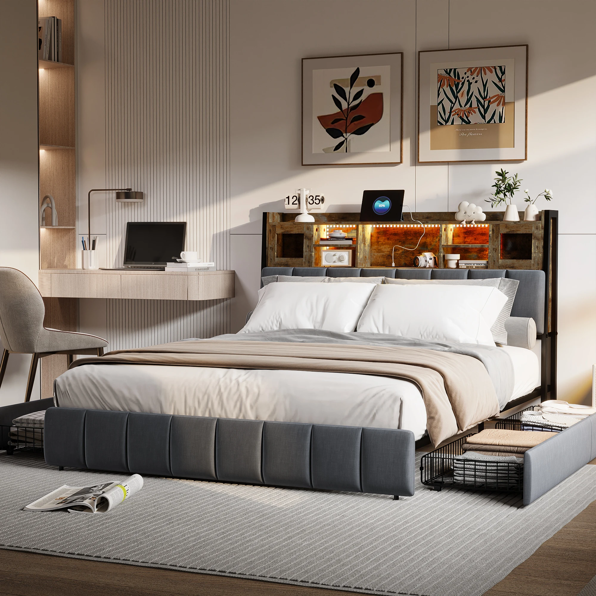 Lit capitonné Aura en bois 140x200cm lit double avec 4 tiroirs, tête de lit LED avec fonction de chargement USB, lit à dossier avec espace de rangement