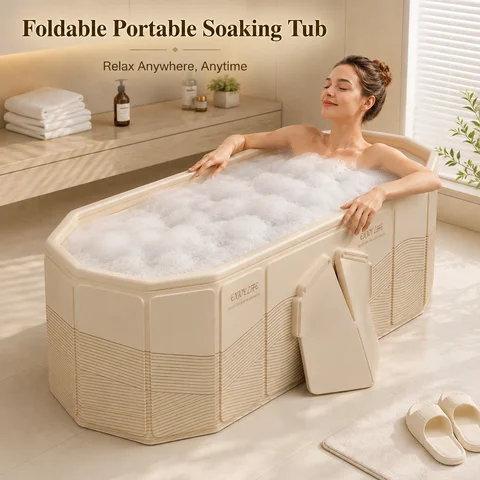 Foldable Portable Bathtub for Adults, Large Soaking Tub with Support Panels, Space-Saving Home Spa Bath Tub
