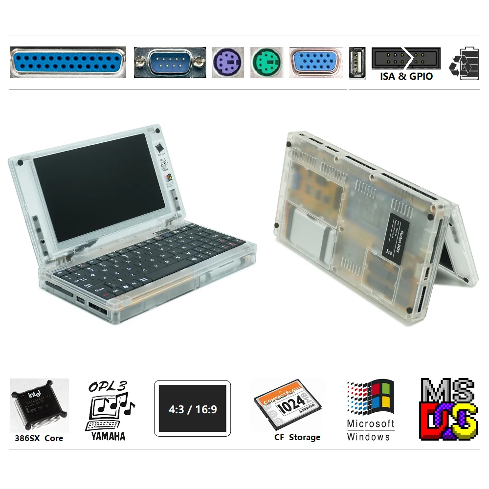 Ordinateur de poche rétro DOS, processeur 386sx, Windows 3.1, 95, Hand386, Pocket386 Clear, 386