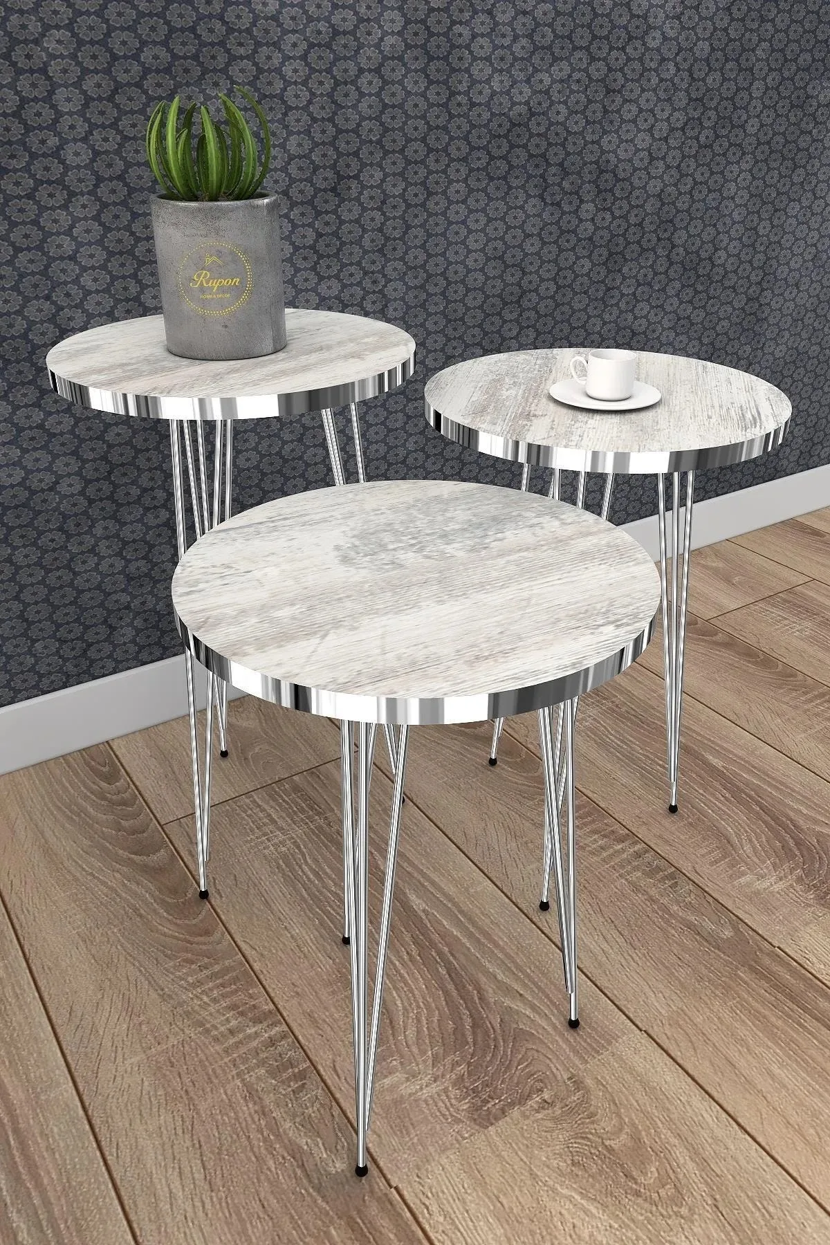 Set of 3 Nesting Tables Round Marble Pattern for Living Room Home High Quality Silver Metal Leg 3 Pcs Furniture Accessorys