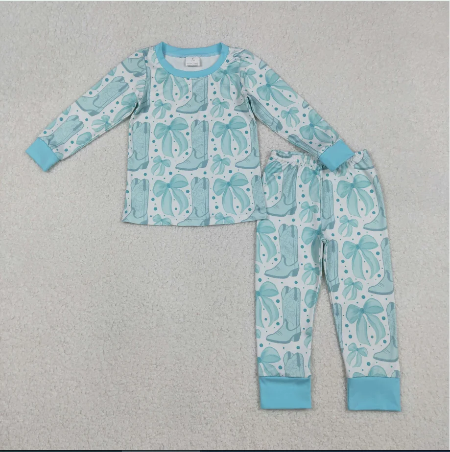 

Children Kids GLP2732 Blue Bows Boots Print Girls Western Pajamas Clothes Set