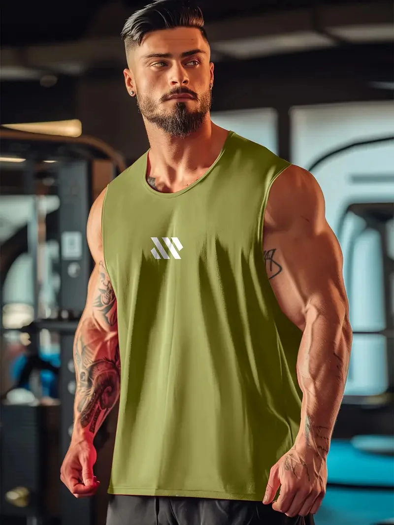 Summer men\'s solid color monogram round neck sleeveless undershirt daily fitness sports breathable not boring short sleeve