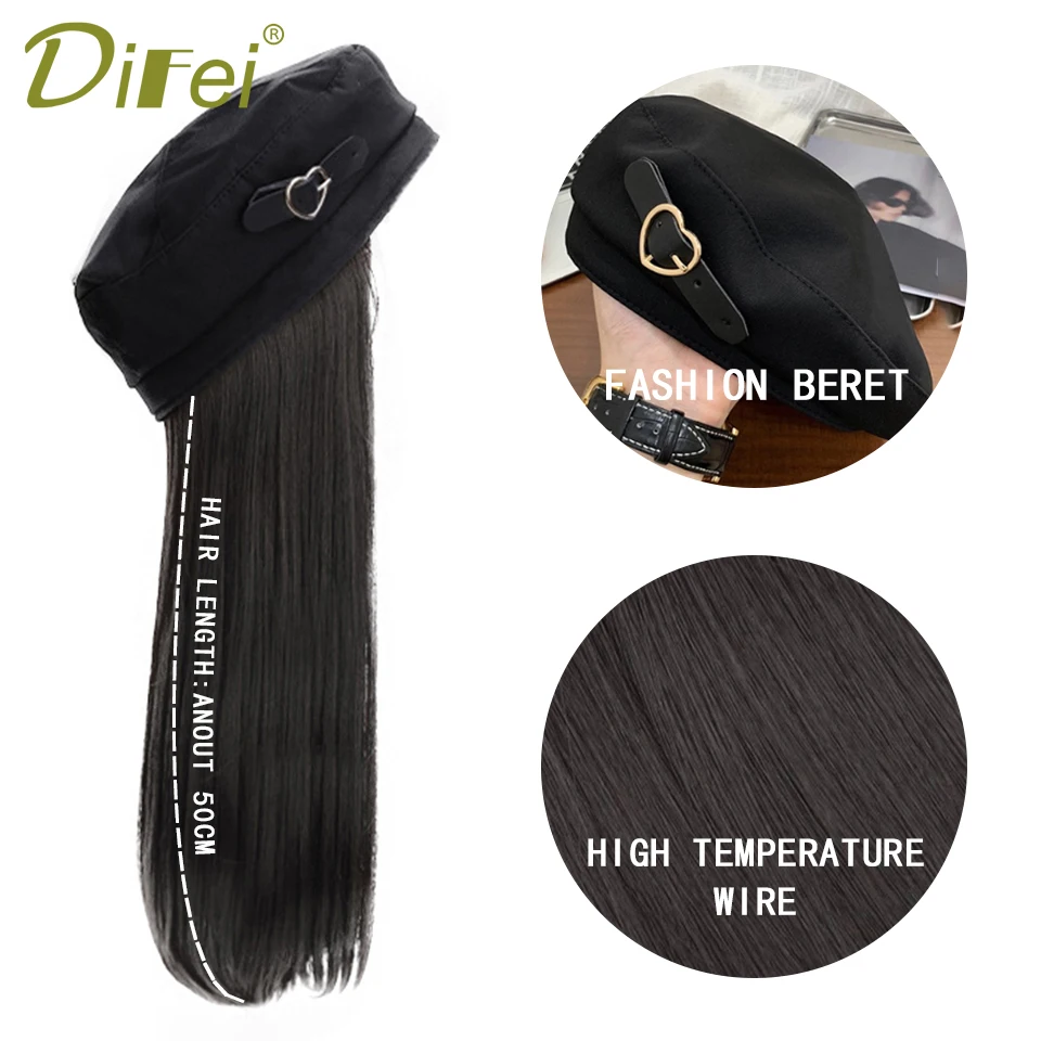 Berets Hat With Hair Wigs Synthetic Long Straight Fake Hair Hat Wig Autumn Winter Warm Cap Wig Black Cap With 50cm Long Hair Wig