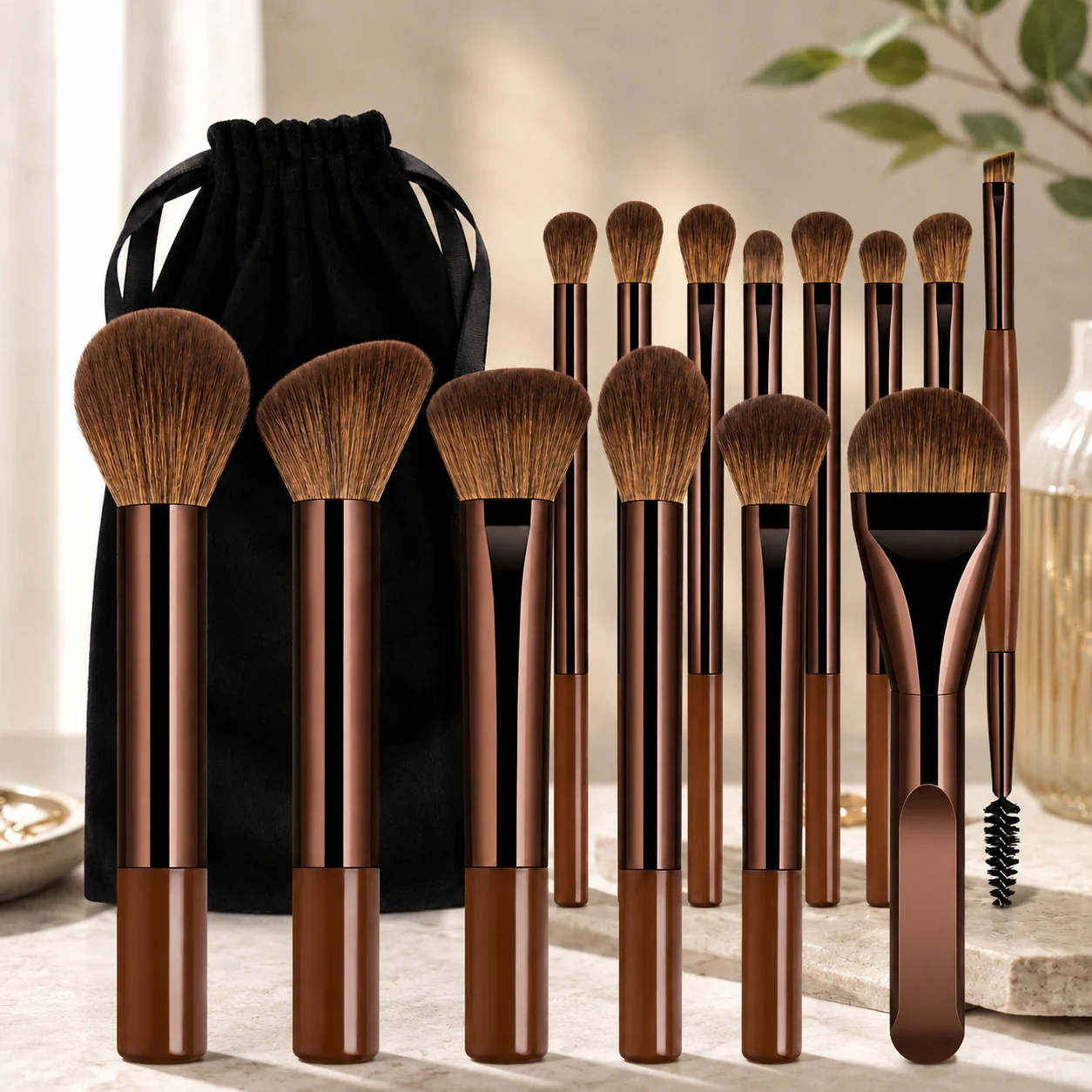 15Pcs Professional Soft Aluminum Makeup Brush Set, Foundation, Eyeshadow, Brow, Blush & Powder Brushes, Portable Cosmetic Tools