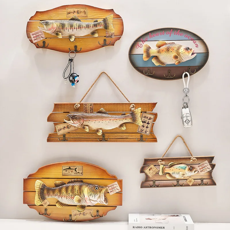 

Wood Fish Wall Hanging Decorations Hook Mediterranean Style Wooden Ornaments Fish Crafts Clothes Hats Hook Home Decoration