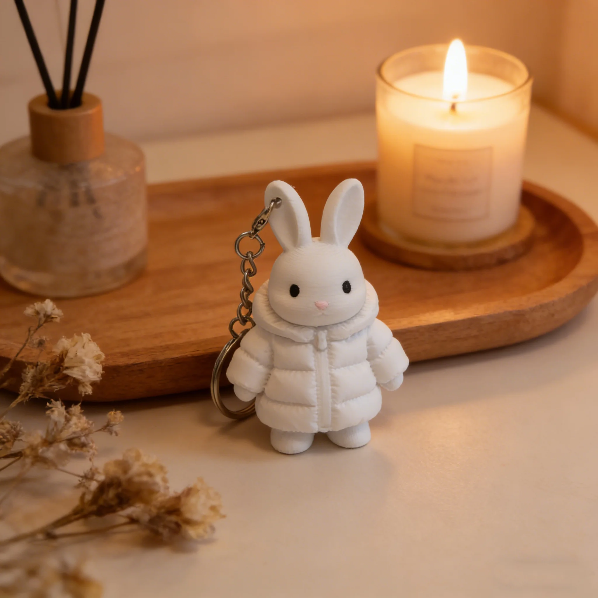 Cute Bunny in Puffer Jacket Figurine, Kawaii Rabbit Keychain/Desk Decor, Aesthetic Gift for Rabbit Lovers, Cute Bag Charm
