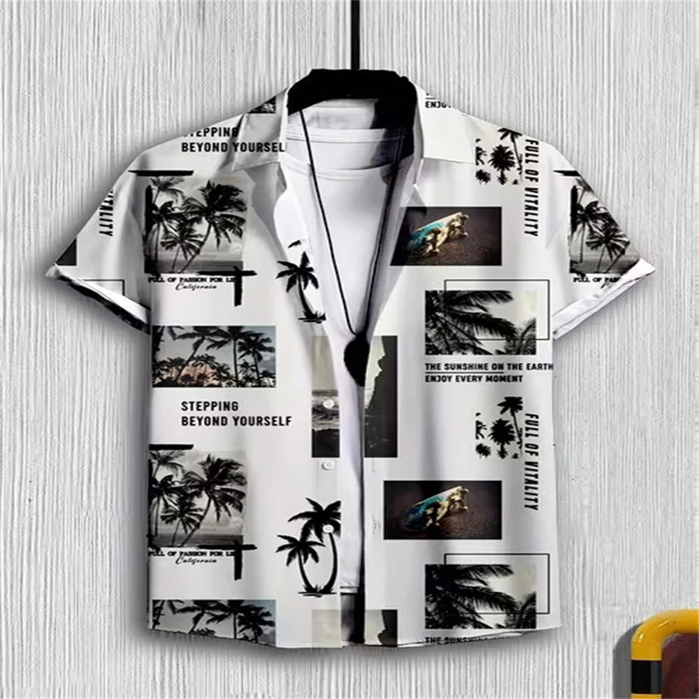Men Print Hawaiian Shirt Summer Casual Lapel Button Up Short Sleeve Tops Tropical Beach Vacation Breathable Loose Men Shirts