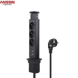 French Standard Kitchen Pop Up Socket, Adapter for Home, Worktop, Desk, Table, With USB Port Manual Recessed Retractable