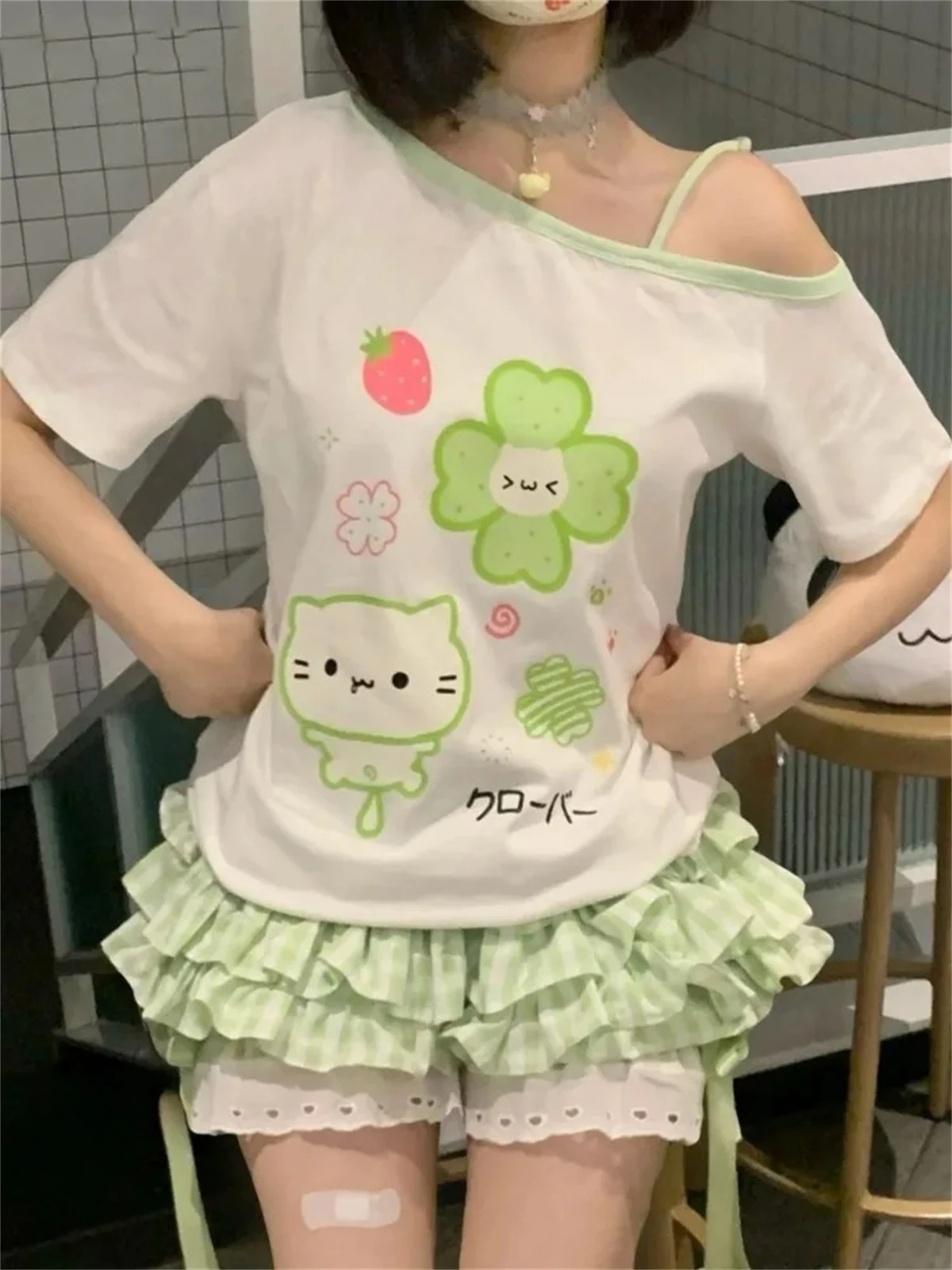 2026 Cute Harajuku T Shirts Women Cartoon Sweet Diagonal Collar Short Sleeve Off Shoulder Funny Tops Female Y2k Ladies Tshirts