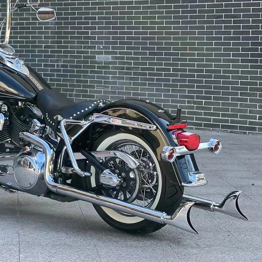 Czarny chromowany tłumik podwójnego układu wydechowego do Harley Softail Heritage Classic Fat Boy Deluxe Slim Cross Bones 1997-2017 — zdjęcie 2