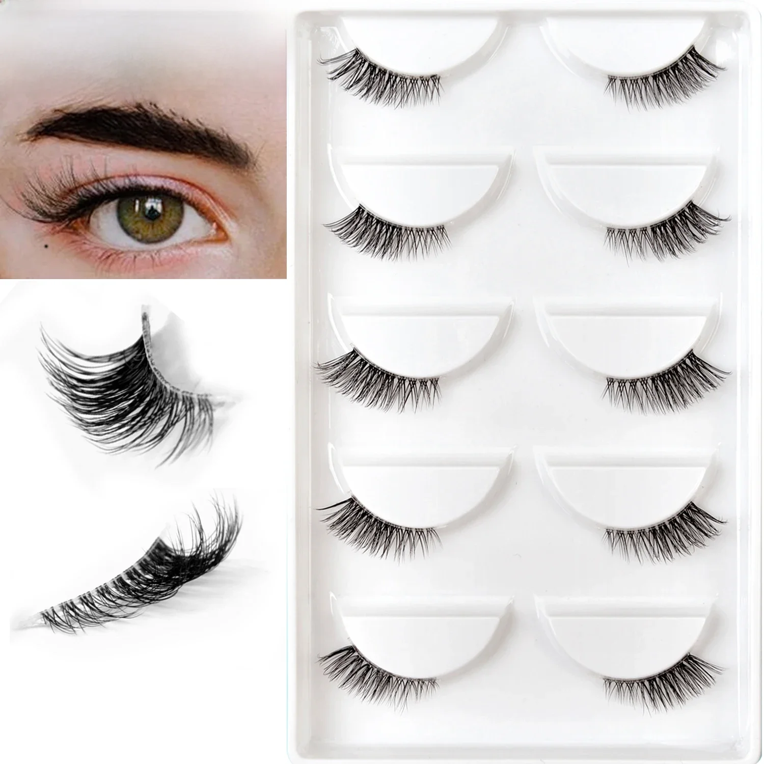 5 paires de cils d'aspect naturel, 2 couleurs, avec bande transparente, faux cils courts, Pack par Outopen